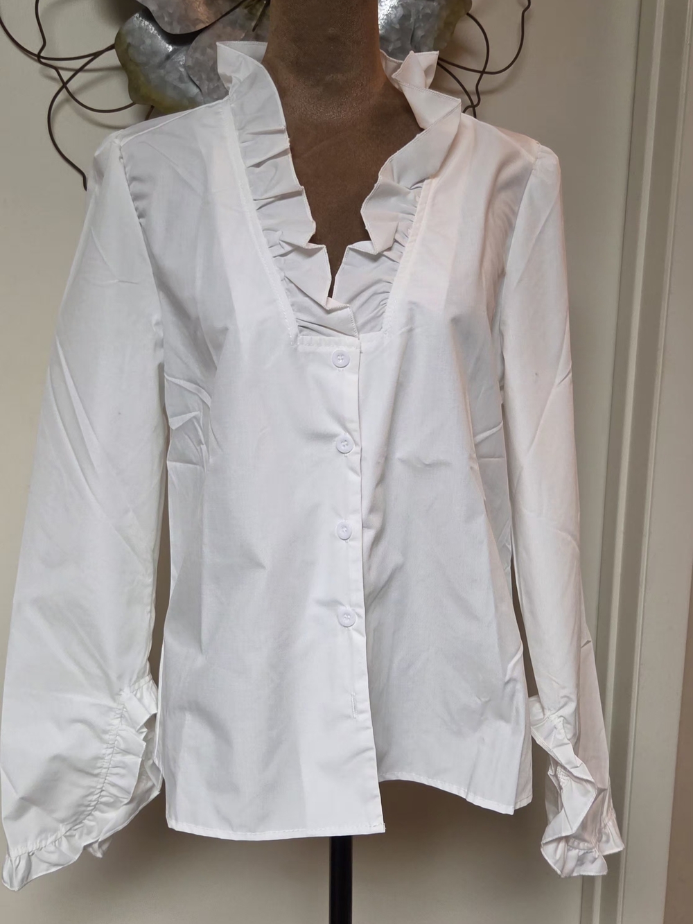 Women's White Ruffle V-Neck Button Front Top